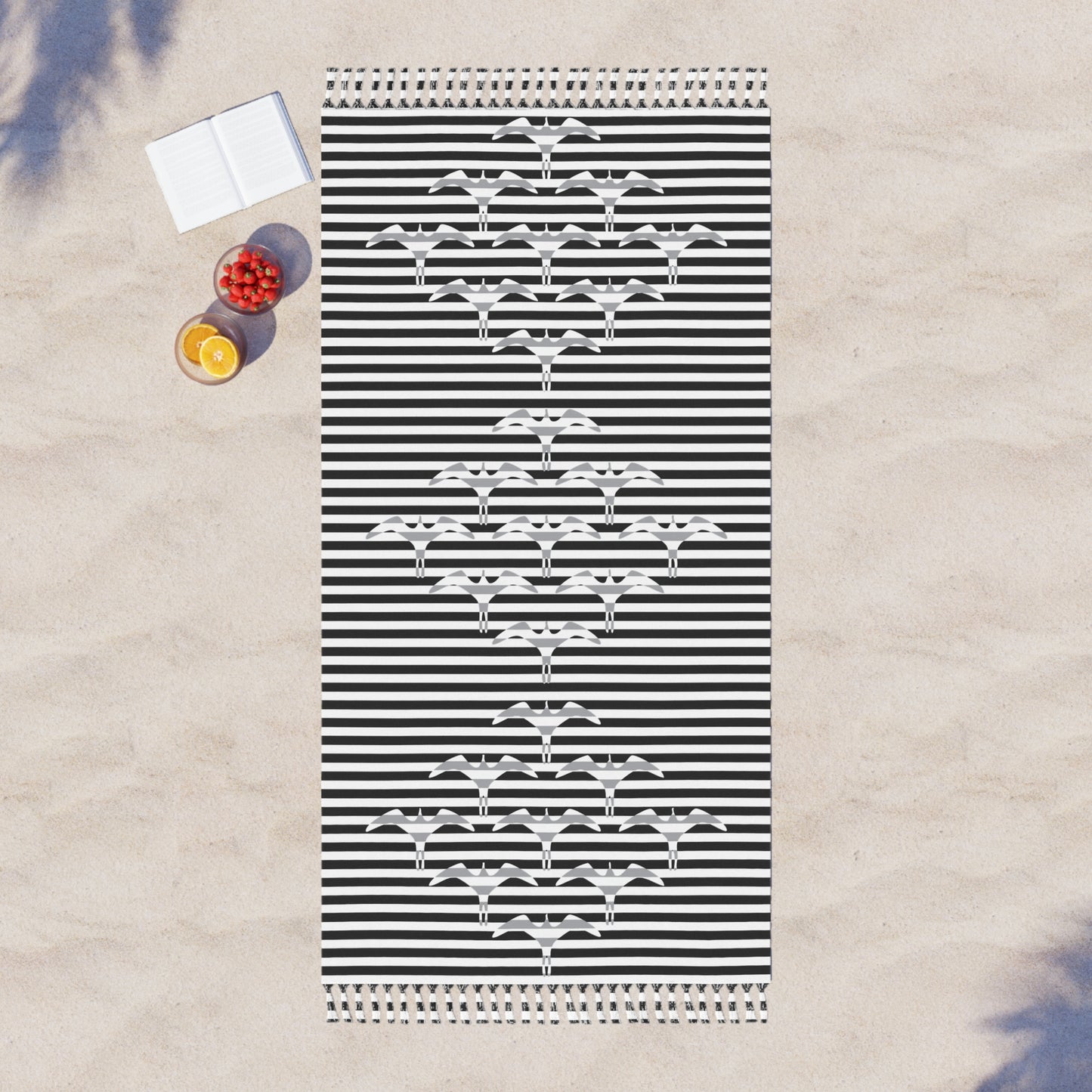 Stripe Iwa Bird Boho Beach Cloth Towel Black